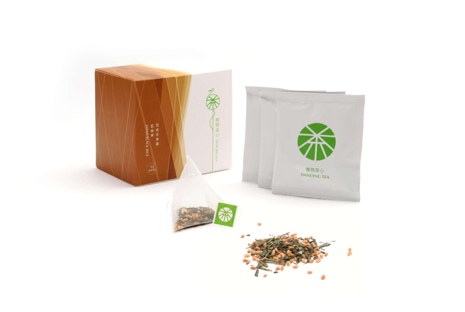 花蓮茶品牌舞間茶心品牌識別，使用茶葉的型、色作為包裝設計/平面設計，茶包組